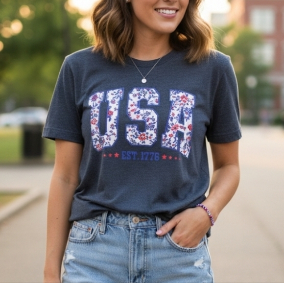 Floral USA Graphic Tee - Charcoal - Picture 1 of 14